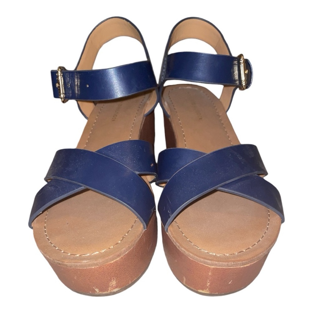 Tommy Hilfiger Navy Blue Leather Sandals Size 6.5, Gold Buckle Crisscross Straps